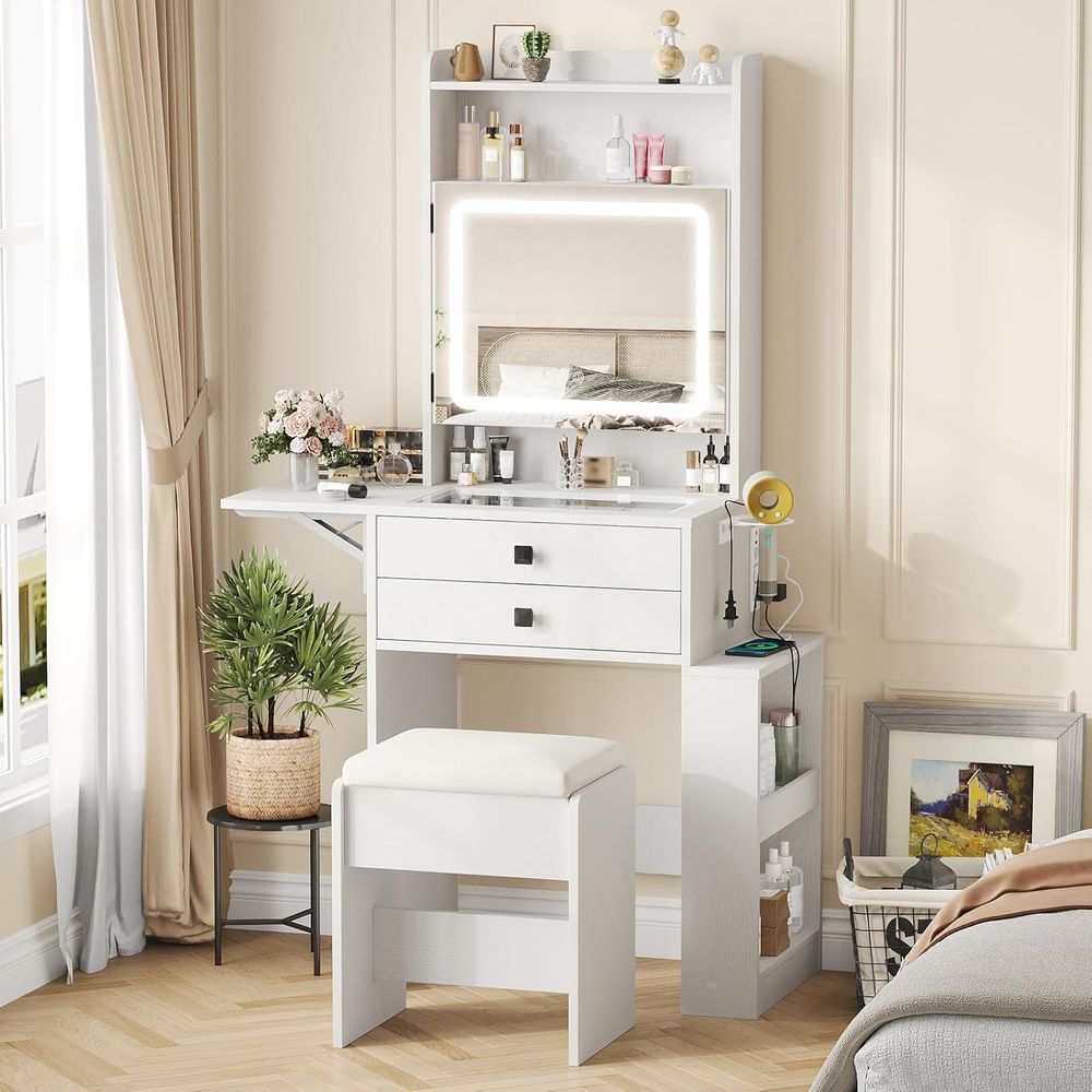 Desk Vanity Setup - Vabches Küçük Makyaj Masası, Eskitilmiş Görünümlü