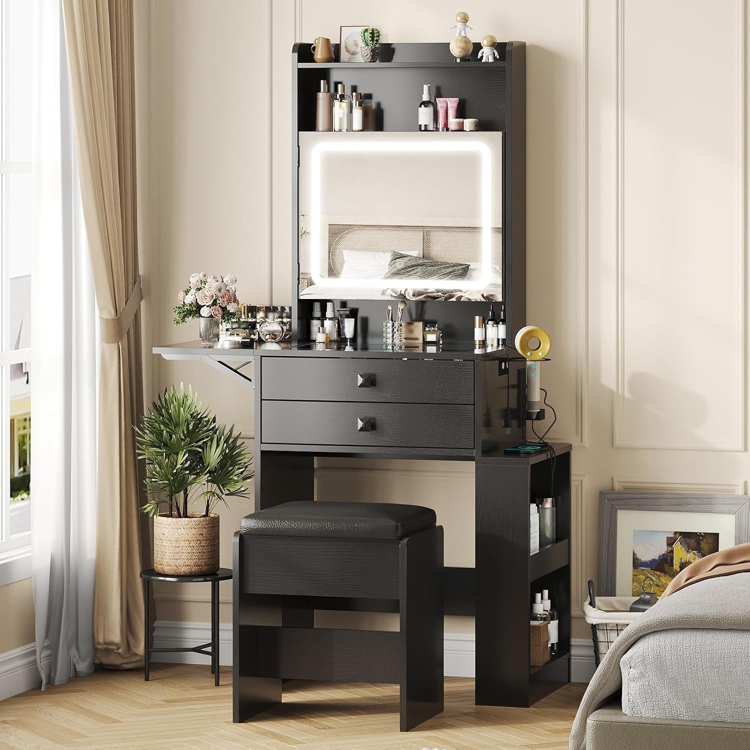 Desk Vanity Setup - Katlanabilir Panelli Küçük Makyaj Masası, Siyah