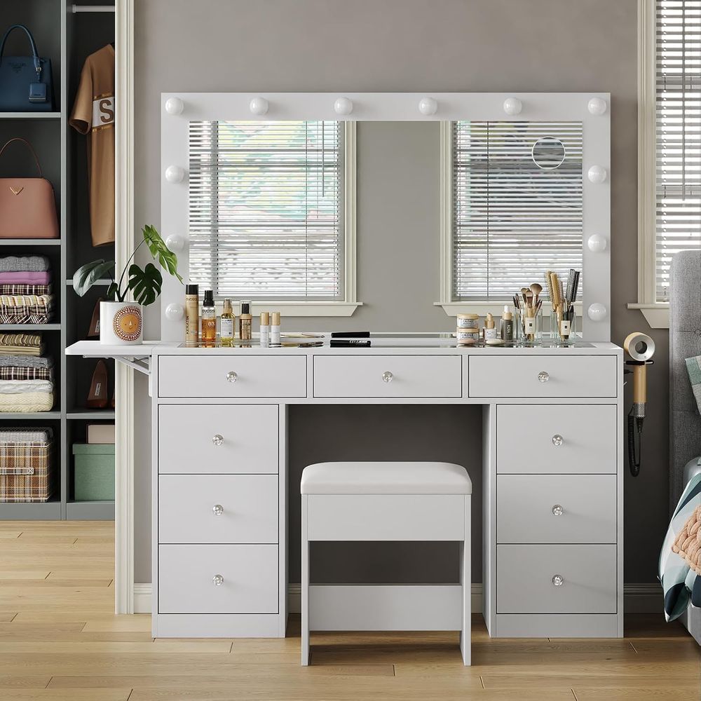 Desk Vanity Setup - Elektrik Çıkışlı Makyaj Masası, 9 Bölmeli