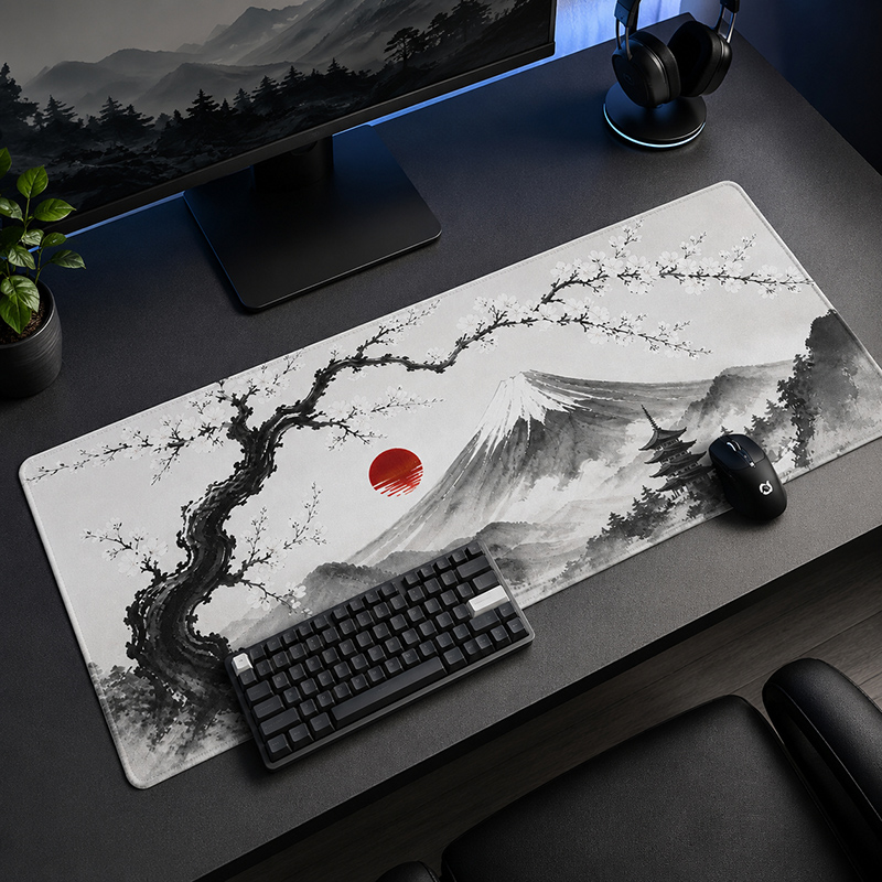 Desk Setup Red - Mouse Pad Ink Mountain Red Sun
