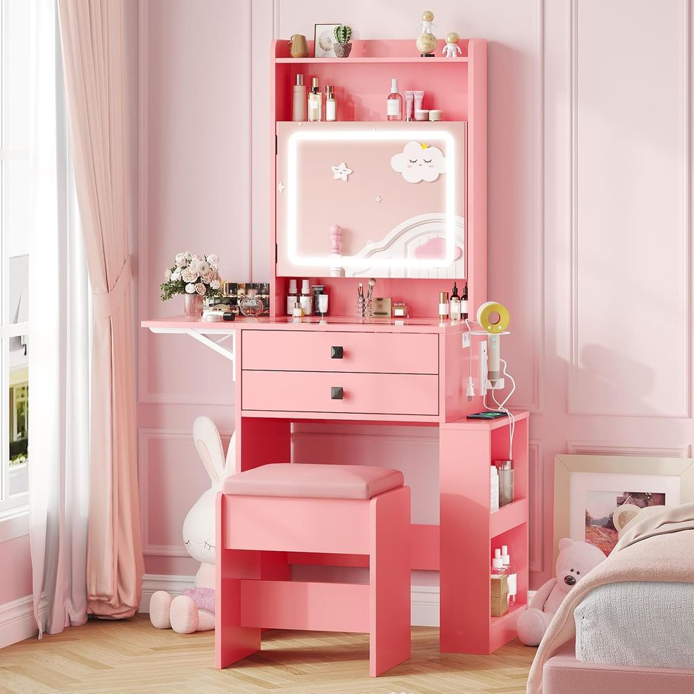 Desk Vanity Setup - Vabches Küçük Makyaj Masası, Eskitilmiş Görünümlü